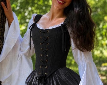 Black Cotton Overbust Corset Bodice - Renaissance Costume Stays