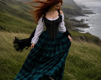 Scottish Renaissance Highlands Costume - Stays Corset - Green Tartan Skirt - Flowing Puff Sleeves, off-shoulder Blouse