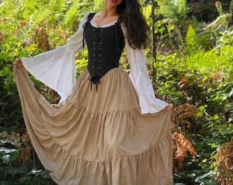 Renaissance Maiden Dress - Cotton Stays Corset - Beige Tiered Skirt - off-shoulder Flowing Sleeves Blouse