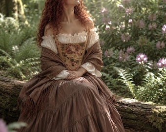 18th Century Tapestry Stays Corset - Renaissance Cottagecore Fair Cotton Dress - Truffle Tiered Skirt