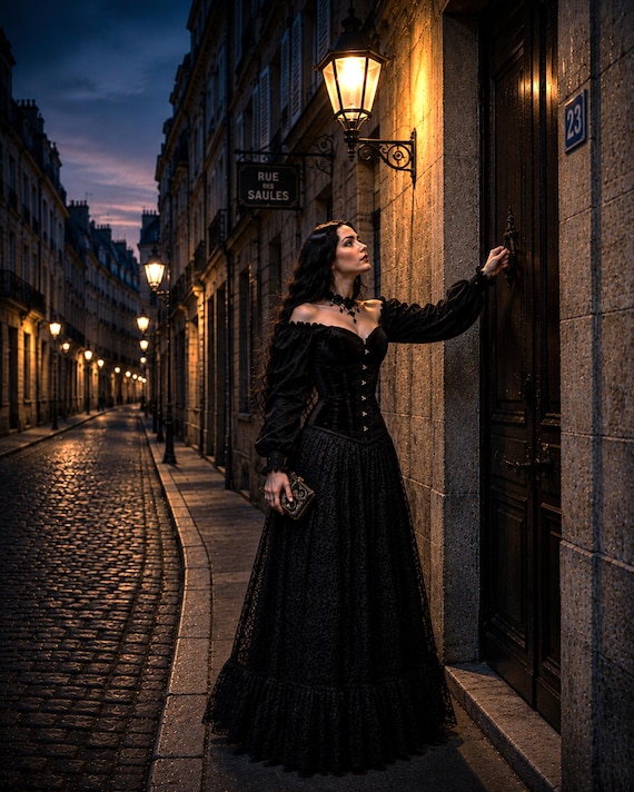 Gothic Victorian Dress - Velvet Corset with Attached Sleeves - Lace Ruffle Skirt