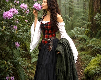 Renaissance Peasant Maiden Dress – Red Tartan Corset, Black Tiered Skirt, Flowing Blouse