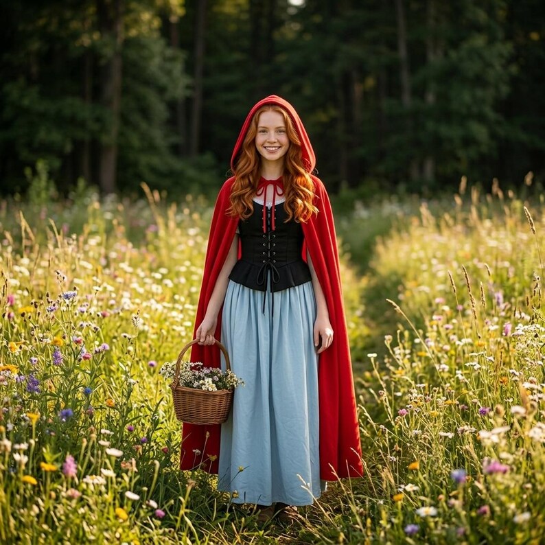 May include: A person wearing a red hooded cloak, black corset, and a long blue skirt, holding a woven basket filled with flowers. The person is standing in a field of wildflowers with a forest in the background. The cloak is a vibrant red.