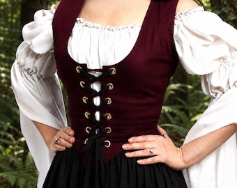 Ren Faire Burgundy Cotton Bodice – Front-Lacing Peasant Wench Costume