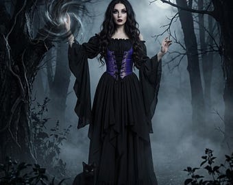 Renaissance Fair Sorceress Layered Costume - 3-Piece Witch Cosplay Conjuror Dress with Bodice