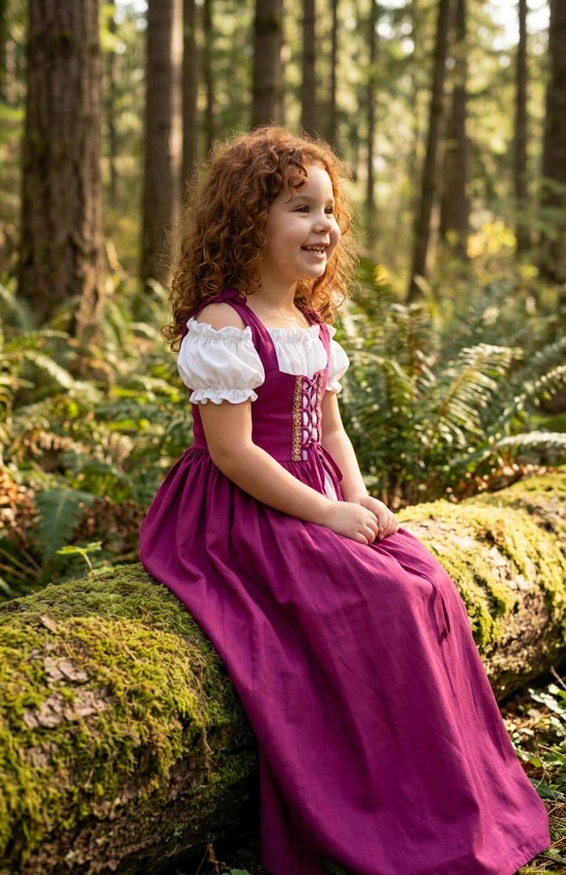 May include: A young girl wearing a magenta dress with a white off-the-shoulder blouse, sitting on a moss-covered log in a forest. The dress features a laced bodice with gold trim. The girl has curly red hair and is smiling.