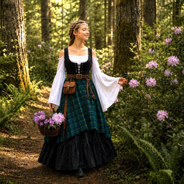 LARP Renaissance Scottish Costume - off-shoulder Chemise - Plaid Overskirt - Tiered Long Skirt - Cotton Bodice
