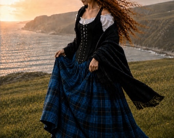 Ren Faire Scottish Highlands Costume - Blue Tartan Skirt, Corset - Flowing Sleeves off-shoulder Blouse - The Highlander