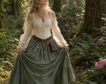 Cottagecore Sage Dress & Corset - Renaissance Fair Cotton Green Skirt Costume - Whimsical - The Florence
