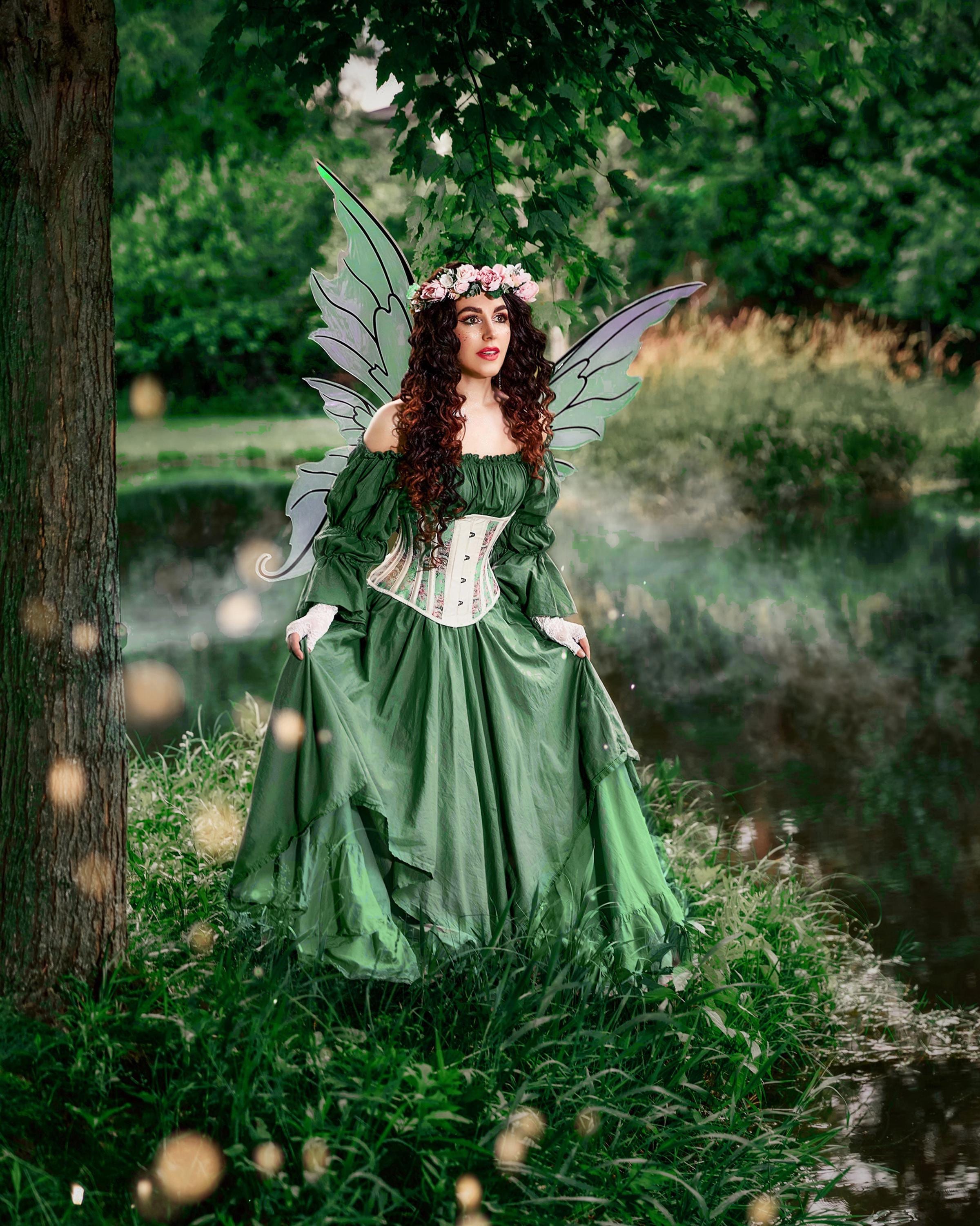 Green Fairy Renaissance Costume - Ruffle Skirt, Smocked Chemise, Steel-Boned Corset