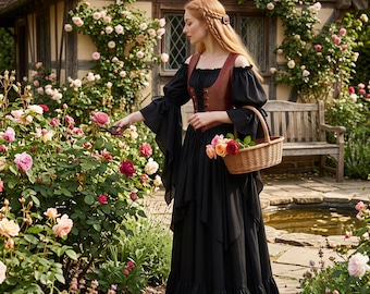 Renaissance Fair Peasant Maiden Layered Costume - 3-Piece Ren Faire Dress with Bodice