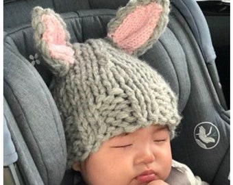 handknit hat baby to toddler , chunky washable wool blend, bunny or bear ears