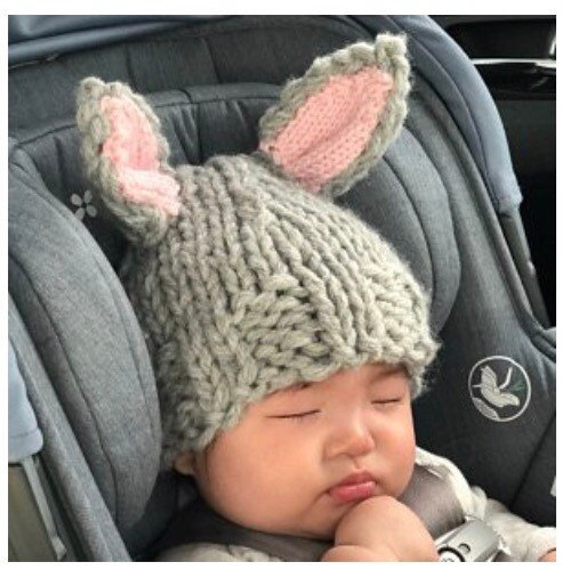 handknit hat baby to toddler , chunky washable wool blend, bunny or bear ears image 1