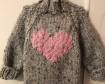 chunky sweater big heart handknit, pink heart ,baby to 6/8 kids