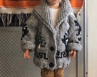 kids wolf sweater , chunky handknit ,sizes toddler to 6/8
