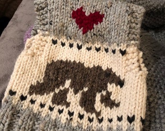 Chunky handknit vest brown bear and forest 2T to 6/8