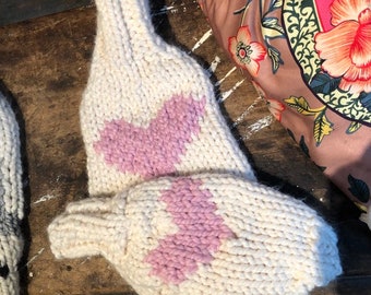 dog sweater chunky handknit Big Heart, strawberry pink and vanilla white