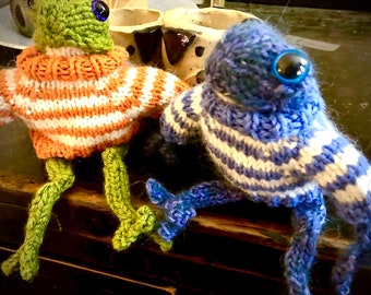 little knitted frog …. In a sweater !