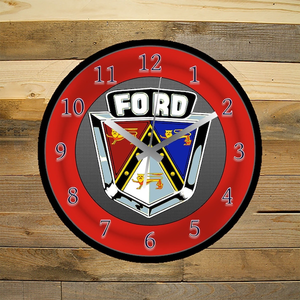 12 Inch Black Glass Replica Retro Wall Clock Classic Ford Emblem