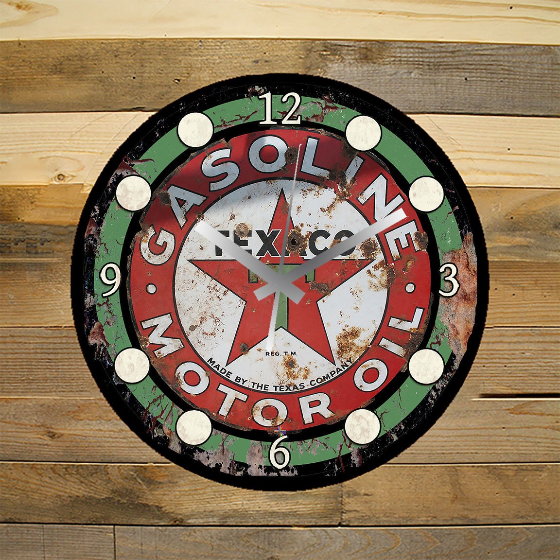12 Inch Black Glass Replica Retro Wall Clock Classic Texaco Gas and Oil ...
