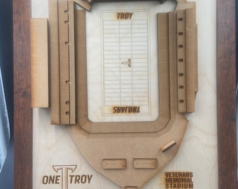 Framed Troy University Veterans Stadium 3d laser cut  Licensed by the University.