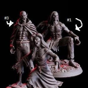 Könnte beinhalten: Drei detaillierte, handbemalte Figuren von Fantasy-Kreaturen. Die Figuren stehen auf runden Sockeln und sind in Grautönen und Braun bemalt. Die Figuren sind mit #1, #2 und #3 nummeriert.