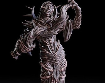 May include: A detailed, sculpted figurine of a cloaked figure with a skeletal face and flowing robes. The figure is posed with one hand raised, holding a flowing piece of fabric. The figurine is painted in shades of brown and gray.