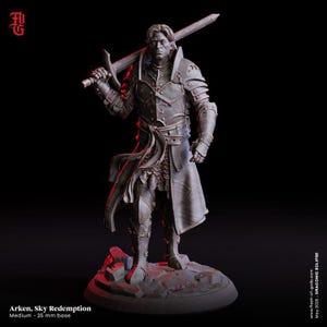 May include: A detailed figurine of a warrior, holding a sword over his shoulder. The figure is clad in armor and stands on a rocky base. The text "Arken, Sky Redemption" is visible, along with "Medium - 25 mm base".
