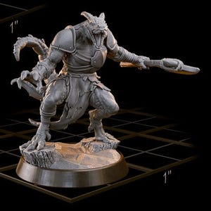 May include: A gray, detailed figurine of a reptilian humanoid warrior in a battle stance. The figure is wearing armor and holding a weapon. The base is a dark brown color.