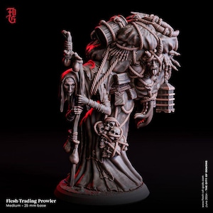 May include: A detailed miniature figurine of a cloaked figure carrying a large sack of goods. The figure is sculpted with a skeletal face and appears to be a flesh-trading prowler. The miniature is painted in shades of brown and gray, with a 25 mm base.