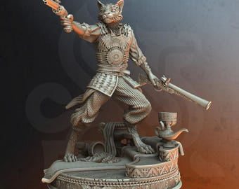 May include: A detailed figurine of a cat-like humanoid figure in a dynamic pose, holding two antique pistols. The figure is clad in ornate armor and clothing, standing on a decorative base with an oil lamp.