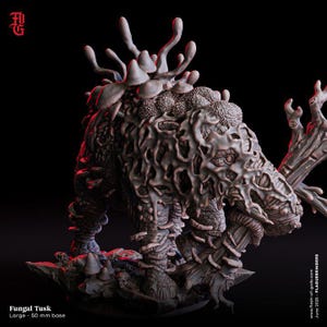 May include: A detailed, gray Fungal Tusk miniature with a 50 mm base. The creature is covered in fungi and has a textured, organic appearance. The image is set against a dark background, highlighting the intricate details of the sculpture.