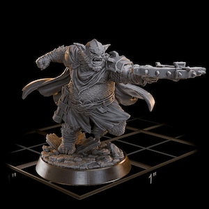 May include: A detailed, gray figurine of a fantasy creature, possibly an orc or similar, holding a crossbow. The figure is posed in a dynamic stance, with intricate details on armor, clothing, and facial features. The base is approximately 1 inch in diameter.