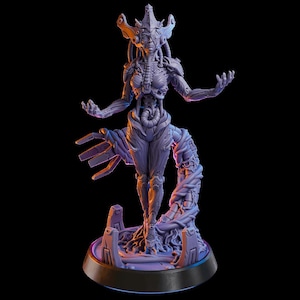 May include: A detailed sculpture of a humanoid figure with intricate mechanical and organic elements. The figure is primarily purple with highlights of orange and blue, standing on a circular base. The design suggests a blend of technology and biology.