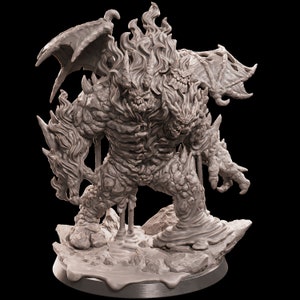 May include: A grey, detailed miniature sculpture of a demon with a fiery mane, wings, and claws. The demon is standing on a rocky base with a molten lava effect.