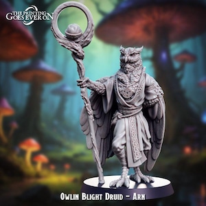 May include: A gray miniature figurine of an owl-like humanoid character known as an Owlin Blight Druid named Arn. The figure holds a tall staff topped with a circular frame and a central orb, wearing layered robes with a triskele emblem on the chest.