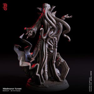 May include: A detailed miniature figure of a Mindreaver Tyrant, a dark-skinned humanoid with a long, flowing robe and tentacles for hair. The figure is posed in a dramatic stance, with one hand raised and the other extended. The figure is painted in a dark, muted color scheme, with hints of red and gold. The figure is standing on a 25 mm base.