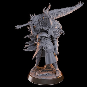 May include: A gray figurine of a warrior in detailed armor, holding a large sword over their shoulder. The figure stands on a stone base, with intricate designs on the armor and weapon. The overall theme is fantasy.