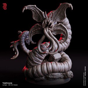 May include: A detailed, gray, 3D printed miniature of a Voidworm, a monstrous creature with a long, segmented body, a gaping maw, and a pair of large, bat-like wings. The miniature is posed on a rocky base. Voidworm - Large - 50 mm base