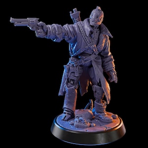 Pode incluir: Uma figura cinzenta detalhada de uma figura futurista em um casaco comprido, segurando um revólver. A figura tem elementos robóticos e está posada como em ação. A base é preta e o fundo é escuro.