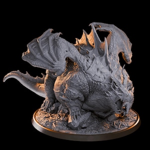 May include: A detailed, gray dragon sculpture with open mouth, wings, and sharp claws. The dragon is posed on a rocky base, with intricate scales and textures. The sculpture is set against a black background.