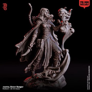 May include: A dark-toned miniature figurine titled Anetta, Hexer Ranger, featuring a character with a long cloak, a dagger, and a bow, standing on a base with a skull. The figure holds a swirling magical effect with skulls. Text includes 75 MM AVAILABLE.