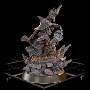 May include: A detailed gray figurine of a wizard, wearing a hat and cloak, holding a staff and a spell. The wizard stands on a rocky base with a circular platform. The base measures approximately 1 inch.