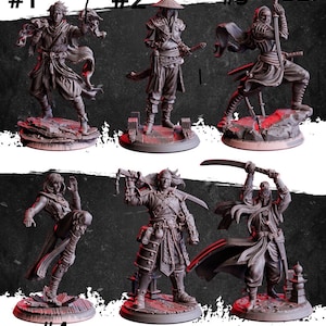 Peut inclure: Six figurines miniatures de guerriers en poses dynamiques. Chaque figurine grise est sur un socle texturé. Les guerriers, vêtus de tenues traditionnelles, manient des épées ou d'autres armes, suggérant un thème fantastique ou historique. Idéal pour les jeux de rôle.