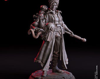May include: A detailed miniature figurine of a female character, a Clockmaster, wearing a long coat and holding a device in one hand and a staff in the other. The figurine is painted in shades of gray and brown, and stands on a circular base.