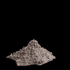 Puede incluir: Una pila de cráneos y huesos humanos, dispuestos en forma de montículo, con una superficie rugosa y texturizada. La pila está hecha de un material gris claro, que se asemeja a un modelo en miniatura.