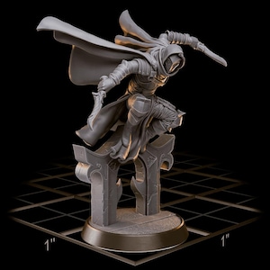 May include: A gray figurine of a hooded figure in a dynamic pose, leaping with two daggers. The figure is clad in armor and a flowing cape, perched atop an ornate structure. The base is approximately 1 inch in diameter.