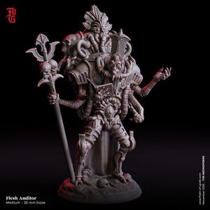 May include: A detailed gray figurine of the Flesh Auditor, a character from The Necroforge. The figure has multiple arms, a staff with skulls, and intricate mechanical and organic details. The base is 25 mm.