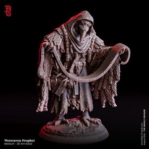 May include: A detailed miniature figurine of a Wereraven Prophet, a creature with a bird-like head and feathered wings, holding a scroll. The figure is painted in shades of brown and grey, with a textured surface to represent feathers. The figure stands on a 25 mm base.