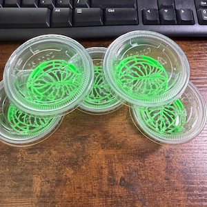 May include: A collection of clear plastic circular lids, each featuring a bright green, intricate, leaf-vein patterned insert. The lids are stacked and arranged in a cluster, with the text 15.2007 embossed on the clear plastic surface of each lid.
